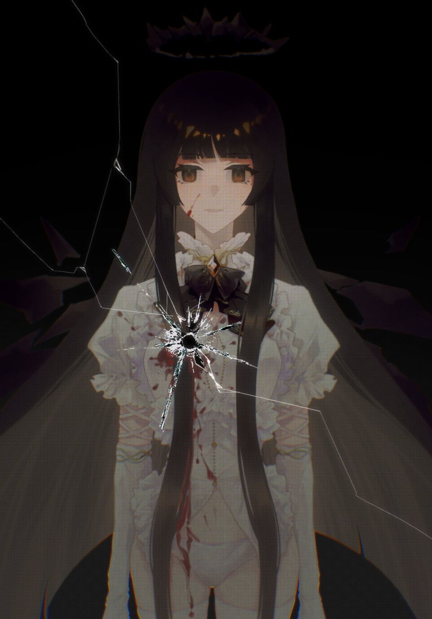 1girl arknights black_background black_bow black_hair black_halo black_wings bleeding blood blood_on_clothes blood_on_face blunt_bangs bow broken_glass broken_halo brown_eyes bullet_hole center_frills chinese_commentary cleavage_cutout closed_mouth clothing_cutout collared_dress commentary_request cowboy_shot dark_halo detached_wings dim_lighting dress dripping elbow_gloves energy_wings expressionless frilled_dress frilled_shirt_collar frilled_sleeves frills glass gloves halo highres hime_cut horror_(theme) injury lips long_hair longinusindream looking_at_viewer microdress mole mole_under_eye pale_color panties puffy_short_sleeves puffy_sleeves ribbon short_sleeves sidelocks simple_background solo standing thighhighs underwear very_long_hair virtuosa_(arknights) white_dress white_gloves white_panties white_thighhighs wings