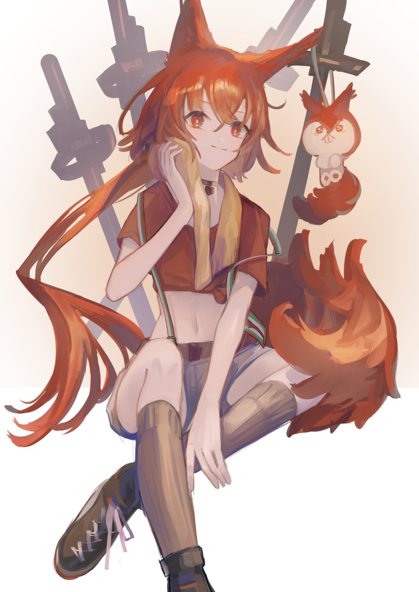 1girl animal_ears arknights black_choker black_footwear brown_socks choker crop_top crossed_bangs crossed_legs flametail_(arknights) flametail_(sport_for_all)_(arknights) foot_out_of_frame gradient_background grey_shorts hand_up hemorina highres kneehighs long_hair looking_at_viewer multiple_swords planted planted_sword red_eyes red_hair red_shirt shirt shoes shorts smile sneakers socks solo squirrel_ears squirrel_girl squirrel_tail stuffed_squirrel suspender_shorts suspenders sword tail tied_shirt towel towel_around_neck very_long_hair weapon white_background wiping_face yellow_background