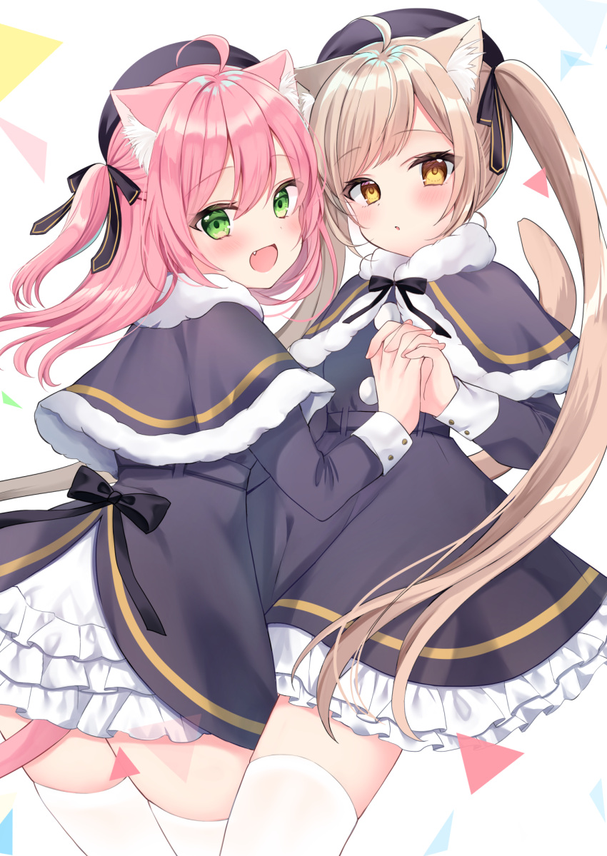 2girls :d ahoge animal_ear_fluff animal_ears beret black_bow black_capelet black_dress blush bow capelet cat_ears cat_girl cat_tail double-parted_bangs dress fang frilled_dress frills fur-trimmed_capelet fur_trim green_eyes hair_bow hamico haruka_(hamico) hat highres holding_hands light_brown_hair long_hair looking_at_viewer multiple_girls original pink_hair smile swept_bangs tail thighs twintails very_long_hair yellow_eyes