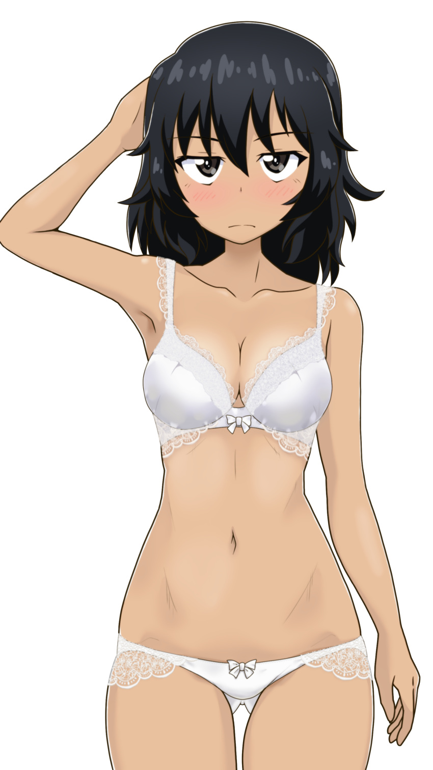 1girl absurdres andou_(girls_und_panzer) arm_up ass_visible_through_thighs black_eyes black_hair blush bow bow_bra bow_panties bra breasts cleavage closed_mouth commentary commentary_request cowboy_shot dark-skinned_female dark_skin frown girls_und_panzer gogopaint half-closed_eyes hand_in_own_hair highres lace lace_bra lace_panties looking_at_viewer medium_breasts medium_hair messy_hair navel panties simple_background solo standing underwear underwear_only white_background white_bra white_panties