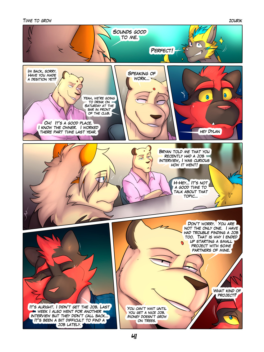 2023 absurd_res anthro anthrofied arcanine blurred_background bodily_fluids bryan_(zourik) chair clothed clothing comic crossed_arms dialogue dress_shirt dylan_(zourik) english_text eyebrows eyes_closed frown fur furniture generation_1_pokemon generation_7_pokemon gesture group hi_res incineroar legendary_pokemon leo_(zourik) male mane motion_lines multiple_scenes muscular muscular_anthro muscular_male narrowed_eyes nintendo persian_(pokemon) pokemon pokemon_(species) shirt sitting smile star sweat table text thumbs_up topwear tuft zack_(zourik) zeraora zourik