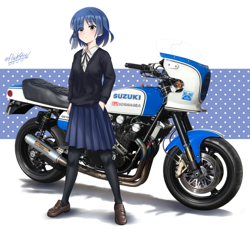 black_pantyhose black_sweater blue_background blue_hair blue_skirt bocchi_the_rock! brown_footwear dated dot_mouth dot_nose flick_(sal23) full_body hand_on_own_hip highres loafers looking_to_the_side motor_vehicle motorcycle pantyhose pleated_skirt polka_dot polka_dot_background product_placement shirt shoes short_hair signature skirt standing suzuki_(company) sweater vehicle_focus white_background white_shirt yamada_ryo