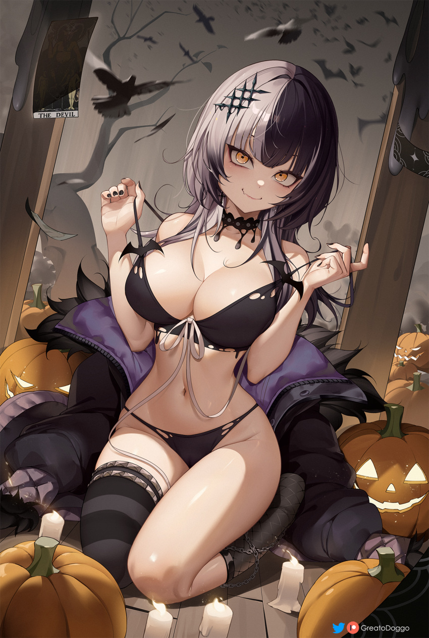 1girl artist_name asymmetrical_legwear black_choker black_hair black_nails blush breasts choker cleavage fang greatodoggo grey_hair hair_ornament highres hololive hololive_english jack-o'-lantern lace lace_choker large_breasts long_hair looking_at_viewer multicolored_hair panties patreon_logo patreon_username pumpkin shiori_novella single_thighhigh skin_fang smile solo split-color_hair strap_pull thighhighs thighs twitter_logo twitter_username two-tone_hair underwear virtual_youtuber yellow_eyes