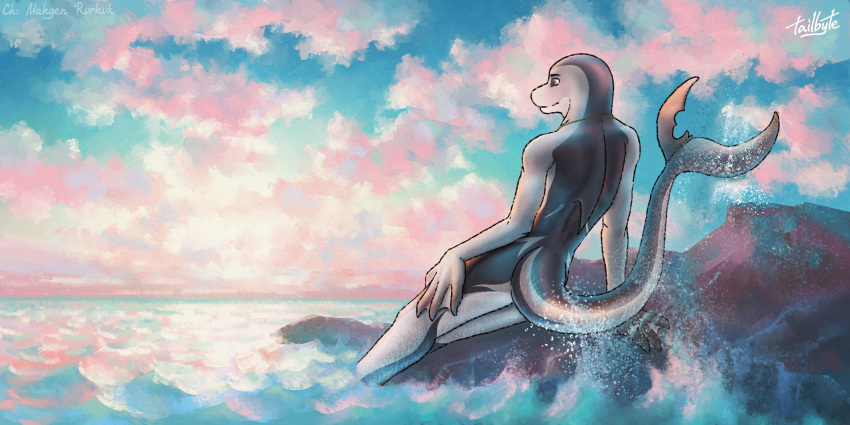 2023 absurd_res anthro cetacean cloud cloudscape detailed detailed_background digital_media_(artwork) digital_painting_(artwork) dolphin fin hi_res landscape makgen_rurkuk male mammal marine membrane_(anatomy) nature nature_background nude outside red_eyes rock sea shaded signature sitting sky smile solo splash sunset tail tailbyte toothed_whale water wave