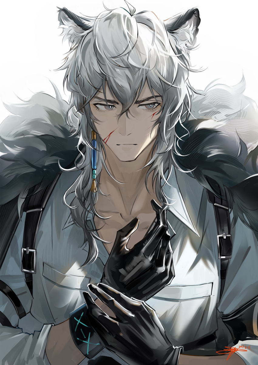 1boy adjusting_clothes adjusting_gloves animal_ear_fluff animal_ears arknights backlighting black_gloves blood blood_on_face bright_pupils collared_shirt commentary english_commentary frown fur-trimmed_jacket fur_trim gloves grey_eyes grey_hair highres holster infection_monitor_(arknights) jacket jacket_on_shoulders leopard_boy leopard_ears looking_to_the_side male_focus open_clothes open_shirt pocket sanse_(sssei_33) shirt short_hair signature silverash_(arknights) silverash_(elite_ii)_(arknights) simple_background sleeves_rolled_up solo white_background white_pupils white_shirt