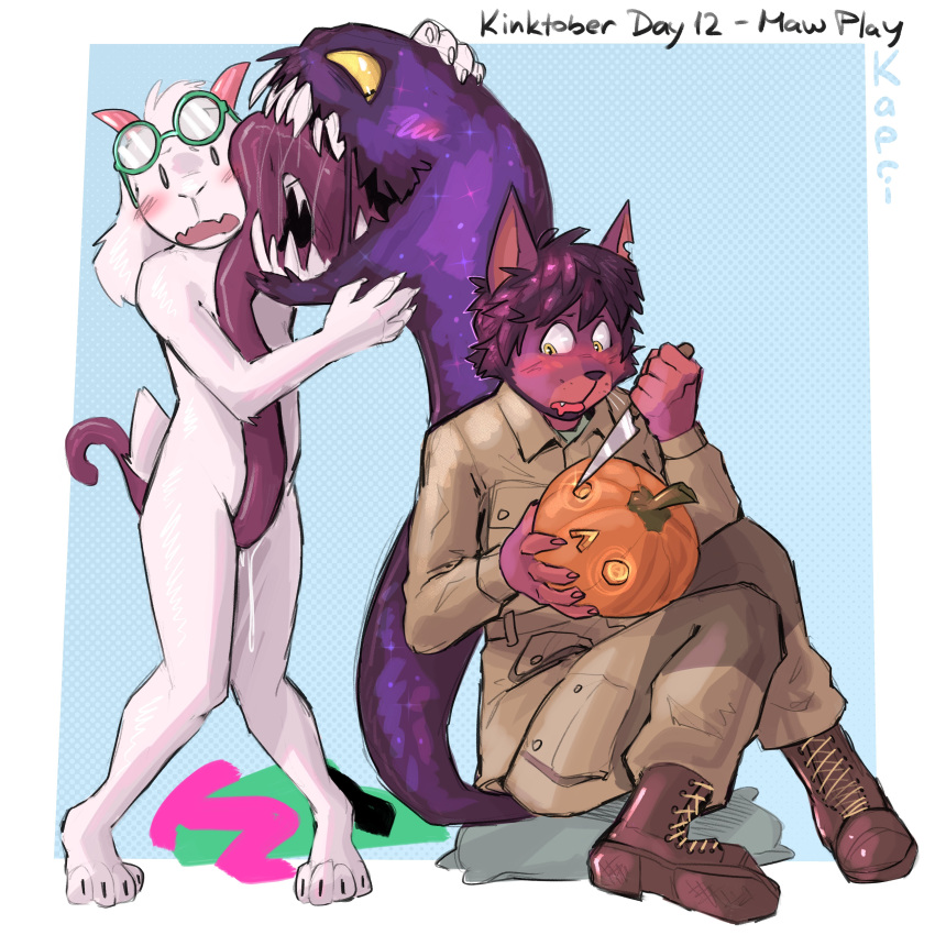 absurd_res anthro bodily_fluids bovid caprine clothed clothing deltarune domestic_cat drooling duo eyewear felid feline felis food fruit fully_clothed fur glasses goat hi_res horn jack-o'-lantern kapri knife licking_crotch living_tail long_tongue male male/male mammal mawplay monster nude plant pumpkin purple_body ralsei round_glasses saliva sharp_teeth tail tail_mouth teeth tongue undertale_(series) unusual_anatomy unusual_tail white_body white_fur