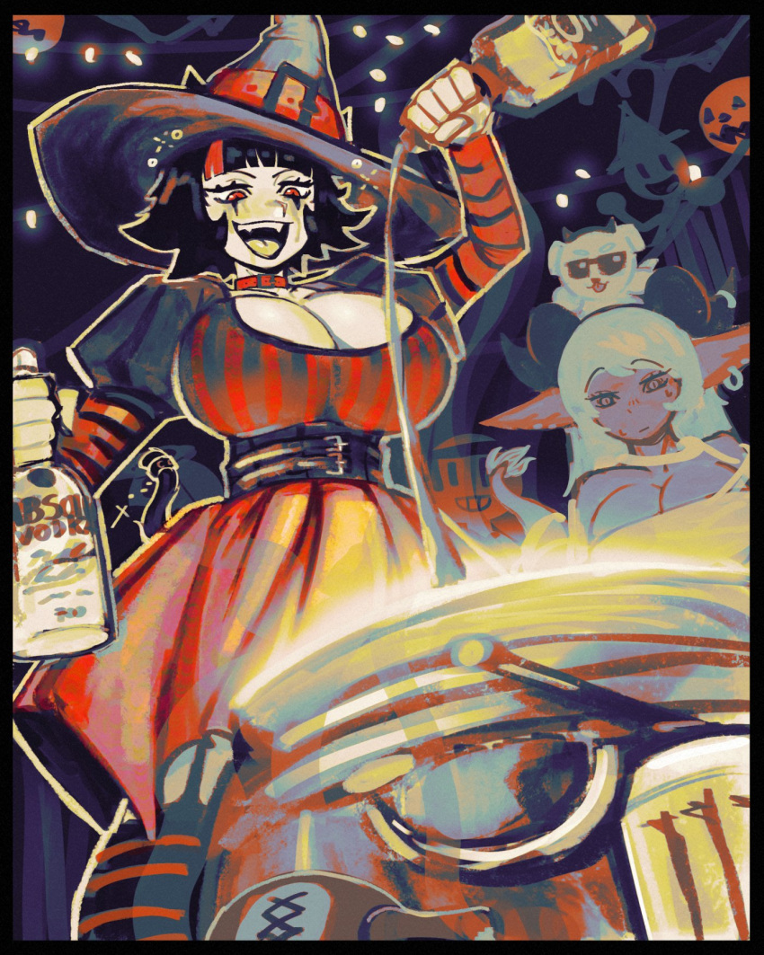 2girls black_hair breasts cauldron cleavage earrings fangs hat highres jewelry large_breasts limited_palette long_hair multiple_girls original picote pointy_ears red_eyes red_hair short_hair teeth upper_teeth_only witch_hat