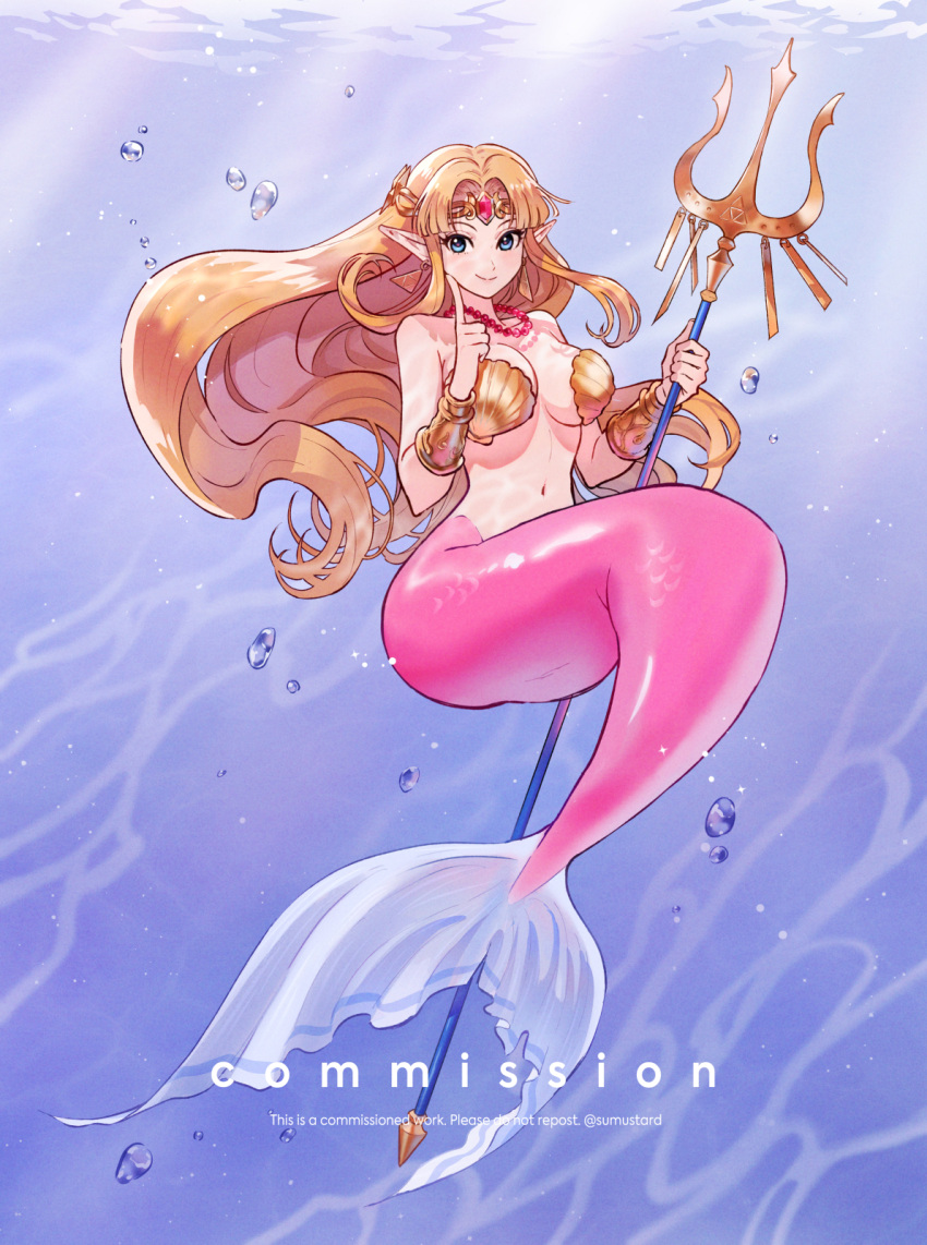 1girl air_bubble alternate_costume artist_name blonde_hair breasts bubble circlet cleavage commission earrings full_body highres holding_trident jewelry large_breasts long_hair looking_at_viewer mermaid monster_girl navel pointing pointy_ears princess_zelda seashell shell sideboob smile solo sumustard the_legend_of_zelda the_legend_of_zelda:_a_link_between_worlds triforce_earrings underwater watermark
