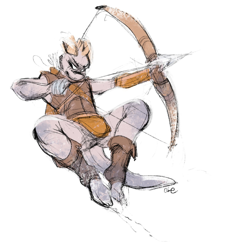 1:1 anthro brown_clothing brown_legwear brown_topwear closed_smile clothed clothing front_view full-length_portrait grey_body hi_res holding_arrow holding_bow_(weapon) holding_object holding_weapon legwear male mouth_closed oselotti portrait signature simple_background sketch solo species_request spread_legs spreading topwear weapon white_background