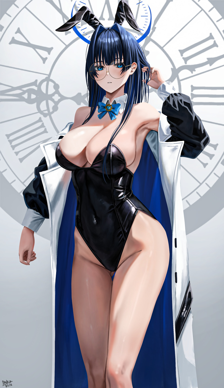 1girl absurdres alternate_costume animal_ears bare_legs black_leotard blue_bow blue_bowtie blue_hair bow bowtie breasts clock fake_animal_ears glasses groin hair_intakes halo highleg highleg_leotard highres hololive hololive_english large_breasts leotard ouro_kronii parted_lips playboy_bunny rabbit_ears roman_numeral round_eyewear solo steb thigh_gap thighs trench_coat virtual_youtuber