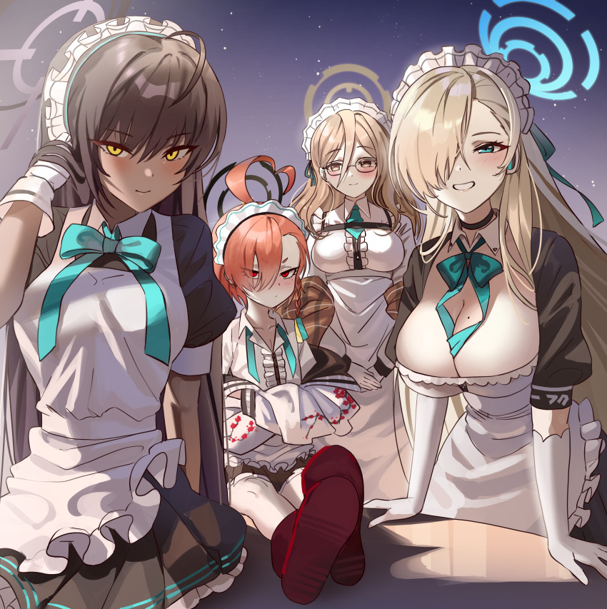 4girls absurdres ahoge akane_(blue_archive) apron aqua_necktie asuna_(blue_archive) between_breasts black_choker black_dress black_hair blonde_hair blue_archive blue_halo blush breasts choker cleaning_&amp;_clearing_(blue_archive) closed_mouth collared_shirt commentary_request crossed_arms dark-skinned_female dark_skin detached_collar dress glasses gloves green_eyes grin hair_over_one_eye halo hand_up highres huge_ahoge karin_(blue_archive) large_breasts legs_on_table long_hair looking_at_viewer maid maid_apron maid_headdress mole mole_on_breast multiple_girls necktie neru_(blue_archive) off_shoulder one_eye_covered orange_hair pleated_dress purple_halo red_eyes red_footwear shedar shirt short_hair short_sleeves sky smile star_(sky) starry_sky upper_body very_long_hair white_apron white_gloves white_shirt yellow_eyes yellow_halo
