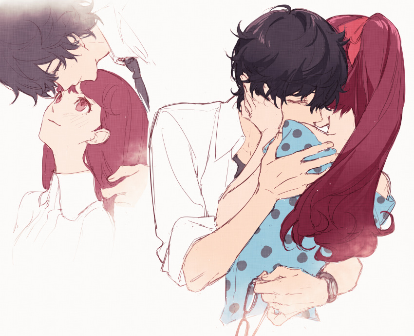 1boy 1girl absurdres amamiya_ren black_hair black_necktie blue_shirt bow closed_mouth collared_shirt couple hair_bow hand_in_another's_hair hetero highres holding holding_eyewear long_hair looking_up necktie persona persona_5 persona_5_the_royal polka_dot polka_dot_skirt ponytail red_bow red_hair shirt short_hair sketch skirt smile tsubsa_syaoin watch white_shirt wing_collar wristwatch yoshizawa_kasumi