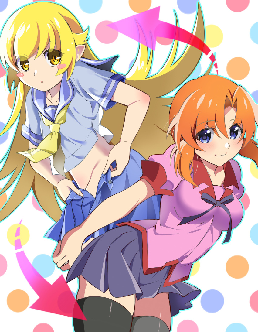 2girls absurdres arrow_(symbol) bad_hands black_thighhighs blonde_hair blue_eyes blue_sailor_collar blue_skirt blush_stickers breasts closed_mouth collar collarbone cowboy_shot dot_mouth elbow_blush flipped_hair groin hair_between_eyes hair_flaps highres higurashi_no_naku_koro_ni holding large_breasts light_blush long_hair looking_at_viewer mashimaro_tabetai midriff monogatari_(series) multiple_girls naoetsu_high_school_uniform neckerchief no_panties open_clothes open_skirt orange_hair oshino_shinobu pink_shirt pleated_skirt pointy_ears polka_dot polka_dot_background purple_skirt red_collar ribbon ringed_eyes ryuuguu_rena sailor_collar sailor_shirt school_uniform serafuku shirt short_hair short_sleeves sidelocks skirt smile standing thighhighs unbuttoned undressing very_long_hair yellow_eyes yellow_neckerchief