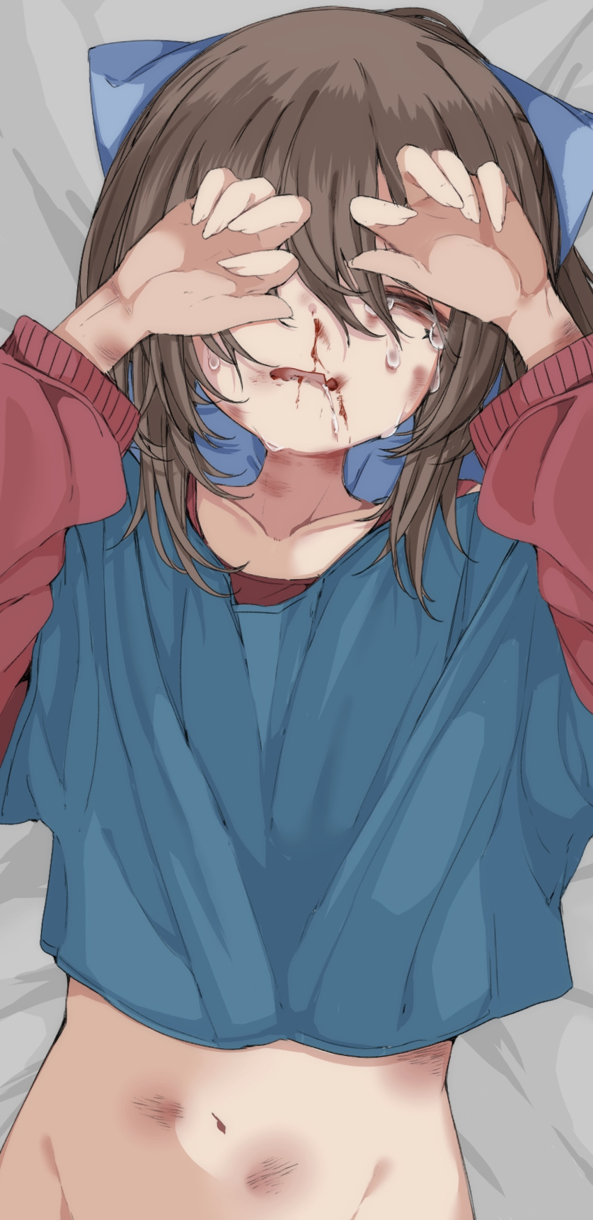 1girl absurdres bed_sheet blood blood_from_mouth blue_bow bow brown_hair bruise bruised_eye commentary_request covering_own_eyes crying crying_with_eyes_open empty_eyes fang groin hair_bow highres injury lying medium_hair mushoku_loli mushoku_loli_(character) navel nosebleed off-shoulder_shirt off_shoulder on_back on_bed original parted_lips shirt skin_fang solo stomach tears upper_body