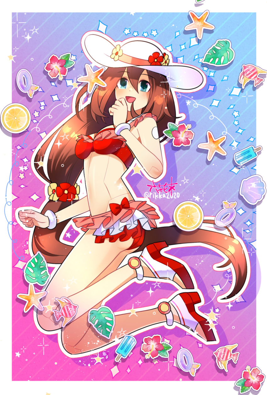 1girl :d android anklet aqua_eyes armlet bikini border bow breasts brown_hair clenched_hands commentary_request dot_nose drop_shadow eyes_visible_through_hair facing_to_the_side fish flower flower_ornament food frilled_bikini frills fruit full_body gem_(symbol) gradient_background hair_between_eyes hairband hand_up happy hat hat_flower high_heels highres iris_(mega_man) jewelry joints leaf legs_up light_blush long_hair looking_to_the_side low-tied_long_hair medium_breasts mega_man_(series) mega_man_x_(series) mega_man_x_dive no_navel open_mouth orange_(fruit) outline popsicle purple_innertube red_bikini red_bow red_flower red_footwear rikka_(user_hruv2435) robot_joints slit_pupils smile solo sparkle sparkle_background star_(symbol) starfish striped striped_background sun_hat sun_hat_ornament swimsuit thick_outlines twitter_username very_long_hair white_border white_hairband white_headwear white_outline white_stripes