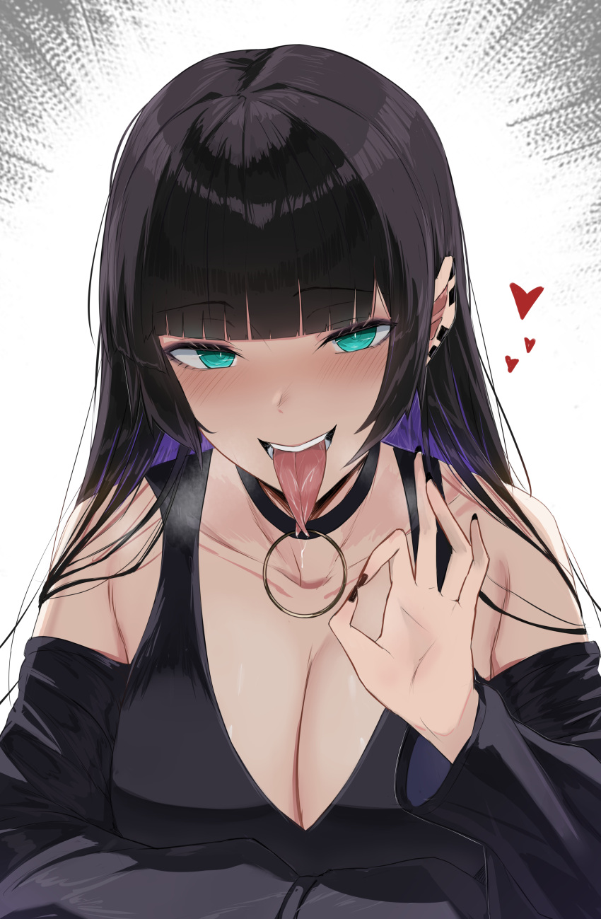 1girl absurdres aqua_eyes arm_rest black_choker black_dress black_hair black_nails blush bocchi_the_rock! breasts choker cleavage collarbone colored_inner_hair dress ear_piercing fellatio_gesture forked_tongue heart highres hime_cut large_breasts long_hair looking_at_viewer micchan_(micchanmeido) multicolored_hair open_mouth pa-san piercing saliva sexually_suggestive solo straight_hair tongue tongue_out upper_body