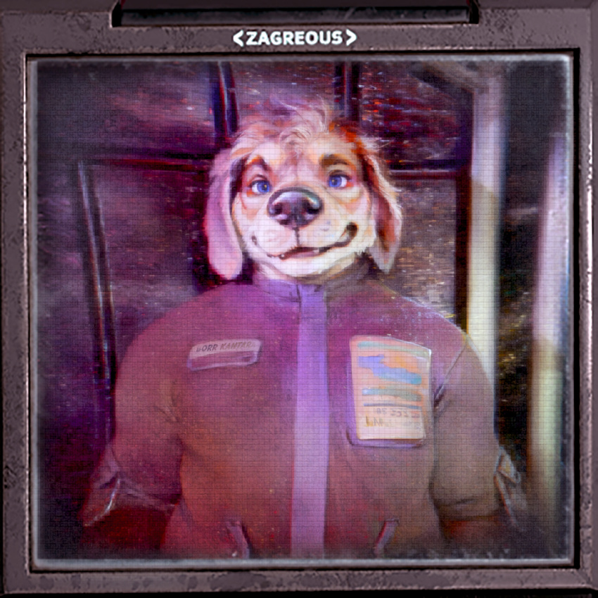 1:1 badge bernese_mountain_dog blue_eyes border borr_kantara canid canine canis clothing domestic_dog eyebrows goofy_smile happy hi_res identification jacket janitor kovinafterdark male mammal molosser monitor mountain_dog musclegut name_tag overweight overweight_male pockets posing_for_picture purple_clothing raised_eyebrow rolled_up_sleeves science_fiction screen solo solo_focus swiss_mountain_dog tile topwear