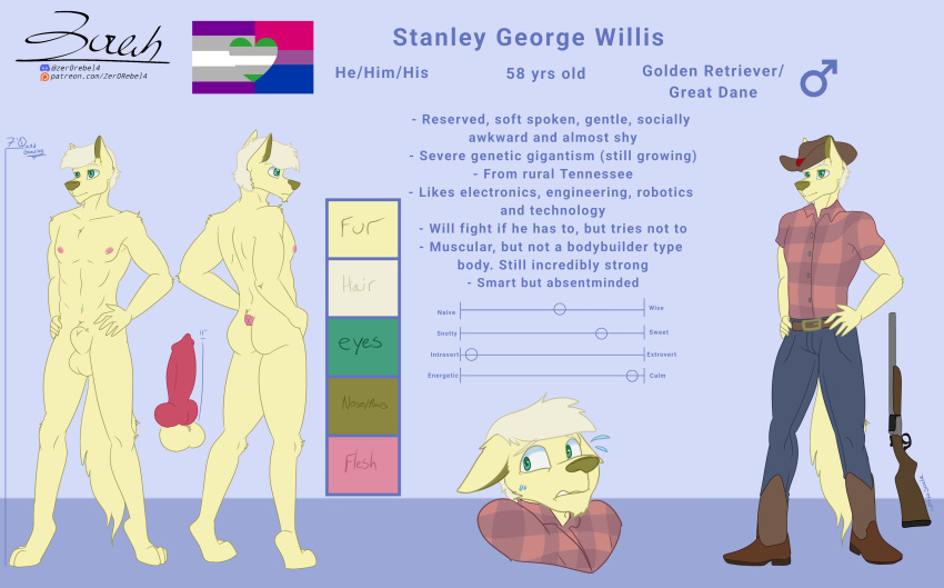2023 absurd_res animal_genitalia animal_penis anthro balls belt big_penis bird_dog bisexual_pride_colors blonde_hair bodily_fluids boots bottomwear butt canid canine canine_genitalia canine_penis canis clothed clothing cowboy cowboy_boots cowboy_hat denim denim_clothing discord_(app) domestic_dog english_text erection flannel flat_colors footwear fully_sheathed fur gender_symbol genitals golden_retriever grayromantic_pride_colors great_dane green_eyes greysexual_pride_colors gun hair hands_on_hips hat headgear headwear hi_res hunting_dog jeans lgbt_pride male male_symbol mammal mastiff mature_male mixed_breed model_sheet molosser muscular muscular_male nervous nipples nude pants patreon paws penis pride_colors ranged_weapon retriever sheath shirt shotgun solo standing stanley_(zer0rebel4) sweat symbol tall text topwear url weapon yellow_body yellow_fur zer0rebel4