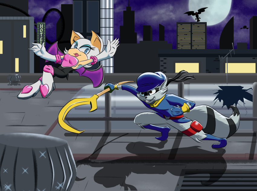 anthro bat breasts building clothing cloud crossover duo female footwear fur gloves handwear hat headgear headwear hi_res lipstick makeup male mammal membrane_(anatomy) membranous_wings moon night procyonid raccoon rouge_the_bat sega shabo-random sly_cooper sly_cooper_(series) sonic_the_hedgehog_(series) sony_corporation sony_interactive_entertainment sucker_punch_productions wings