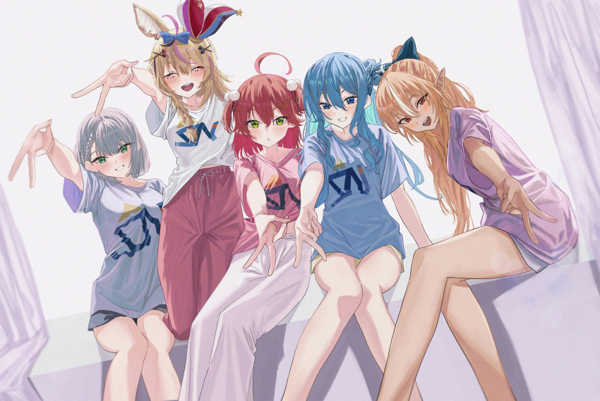 5girls absurdres ahoge alternate_costume animal_ears aqua_hair arm_up bare_legs blonde_hair blue_bow blue_hair blue_shirt bow braid braided_bangs breasts closed_eyes colored_inner_hair commentary_request curtains dutch_angle feet_out_of_frame green_eyes grey_background grey_hair grey_shirt hair_between_eyes hair_bow hair_ornament highres hololive hoshimachi_suisei kneeling knees_together_feet_apart large_breasts leaning_forward leaning_to_the_side legs lens_flare long_hair medium_breasts medium_hair multicolored_hair multiple_girls noviceeeeeeee omaru_polka one_side_up open_mouth outstretched_arm oversized_clothes oversized_shirt pants pink_hair pink_pants pink_shirt ponytail purple_shirt red_hair sakura_miko shiranui_flare shirogane_noel shirt short_shorts short_sleeves shorts sidelocks single_braid sitting small_breasts streaked_hair thighs two_side_up v virtual_youtuber white_hair white_pants white_shirt