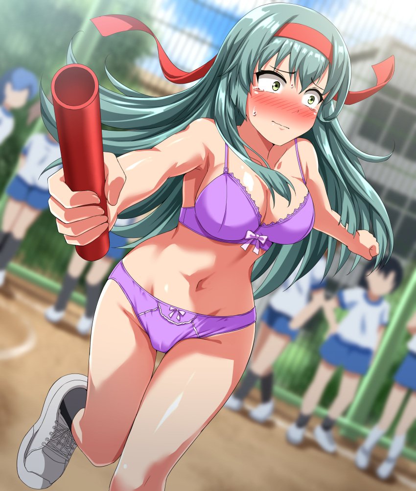 absurdres averting_eyes black_socks blue_shorts blurry blurry_background blush bow bow_bra bow_panties bra breasts cleavage closed_mouth commentary_request commission day depth_of_field embarrassed false_smile foreshortening green_eyes green_hair groin gym_shirt gym_shorts gym_uniform headband highres holding kantai_collection lace-trimmed_bra lace_trim medium_breasts navel outdoors panties partial_commentary pixiv_commission purple_bra purple_panties red_headband relay_baton running running_track shirt shoes shorts smile sneakers socks suzuya_(kancolle) sweatdrop t-shirt tearing_up thigh_gap underwear underwear_only white_footwear white_shirt zanntetu