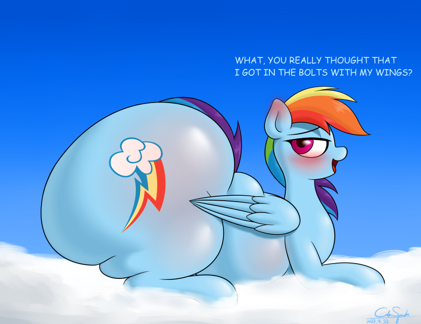 absurd_res big_butt blush blushing_profusely body_blush bottom_heavy butt butt_blush cdrspark cloud cutie_mark dialogue ear_blush equid equine female feral friendship_is_magic hasbro hi_res horse huge_butt hyper hyper_butt looking_at_viewer mammal my_little_pony on_cloud pegasus pony rainbow_dash_(mlp) solo thick_thighs wings