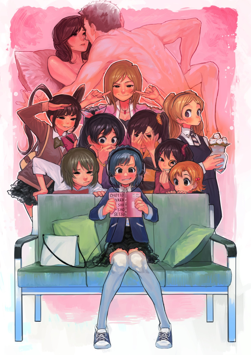 1boy 6+girls absurdres black_hair blonde_hair blush book bow bowtie brown_hair bukimi_isan character_request child copyright_request couch flower grin hair_ornament hair_scrunchie headphones highres holding_vase implied_sex long_sleeves multiple_girls orange_scrunchie pillow reading scrunchie shoes short_hair sitting smile teeth thighhighs twintails white_background white_flower white_thighhighs