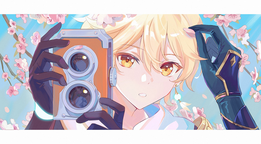 2boys aether_(genshin_impact) blonde_hair camera cherry_blossoms earrings fcc_(fengcheche) genshin_impact gloves hair_between_eyes highres holding holding_camera jewelry male_focus multiple_boys orange_eyes parted_lips petals reflection xiao_(genshin_impact)