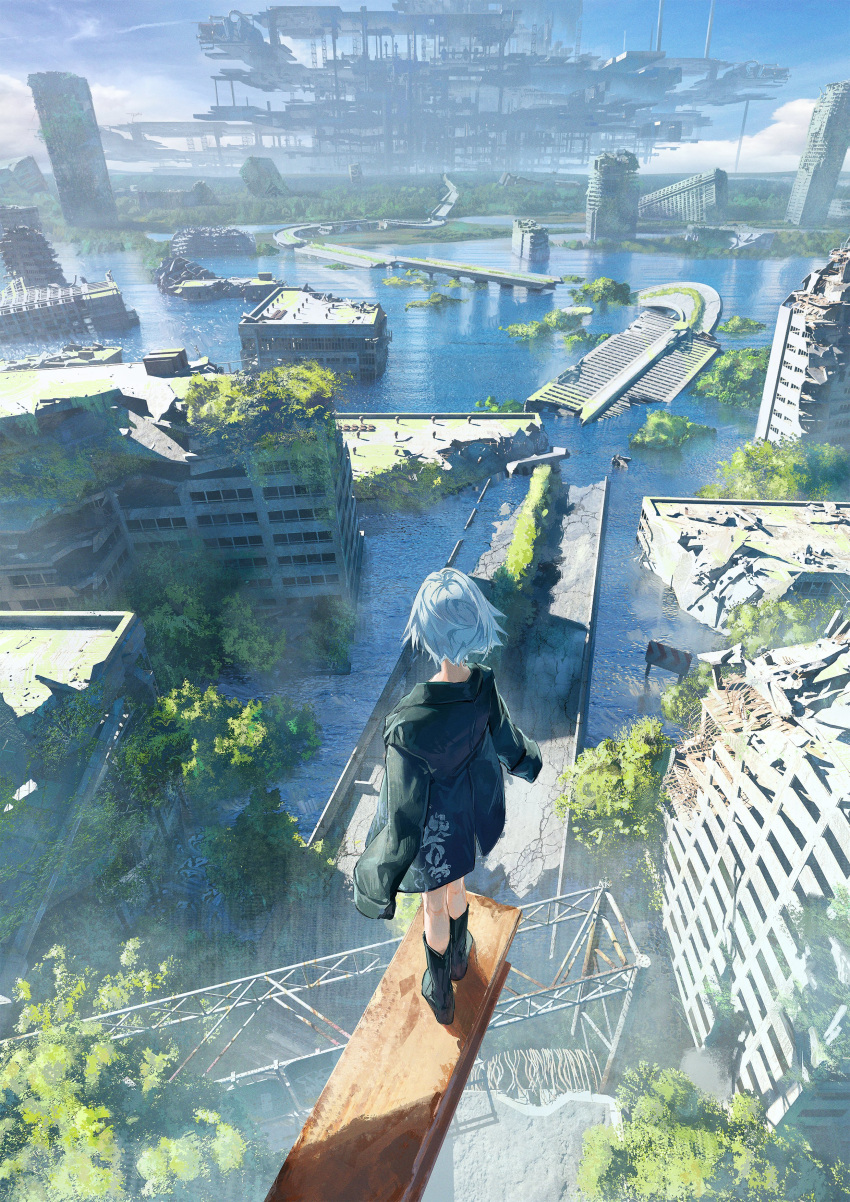 1girl absurdres black_footwear black_jacket blue_hair blue_sky boots building commentary_request day flood from_above full_body gyoukan_(jfxc) highres jacket original overgrown post-apocalypse ruins scenery sky skyscraper solo standing water