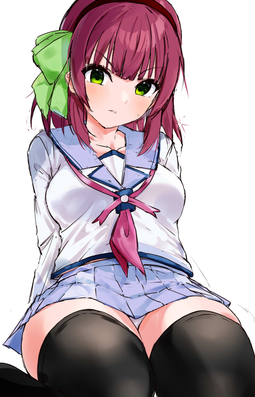 1girl absurdres angel_beats! angry arms_behind_back black_hairband black_thighhighs blue_sailor_collar blue_skirt blunt_bangs blush bow breasts clenched_teeth embarrassed eyelashes foreshortening frown green_bow green_eyes hair_bow hairband highres leaning_back long_sleeves looking_at_viewer medium_breasts medium_hair miniskirt nakamura_yuri neckerchief panties panty_peek pink_neckerchief pleated_skirt purple_hair sailor_collar school_uniform serafuku shinda_sekai_sensen_uniform shirt simple_background sitting skirt solo straight_hair sweatdrop teeth thighhighs thighs underwear v-shaped_eyebrows wariza white_background white_panties white_shirt zenoo zettai_ryouiki