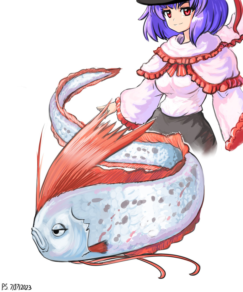 absurdres black_headwear black_skirt capelet closed_mouth commentary dated english_commentary fish frilled_capelet frilled_shirt frills highres looking_at_viewer nagae_iku nagae_iku_(fish) oarfish pink_capelet pink_shirt profitshame purple_hair red_eyes shirt short_hair signature simple_background skirt touhou white_background