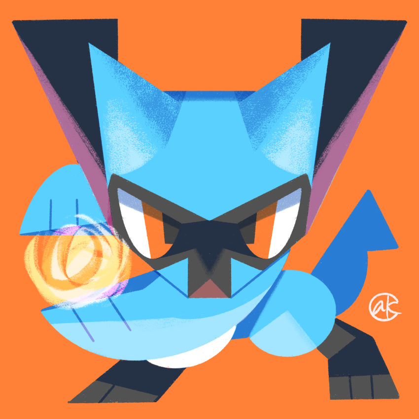 1other 2020 animal_ears animal_hands barefoot blue_fur commentary fighting_stance highres karasusho looking_at_viewer no_humans orange_background orange_eyes pokemon riolu scowl signature simple_background solo solo_focus symmetrical_hand_pose tail translation_request