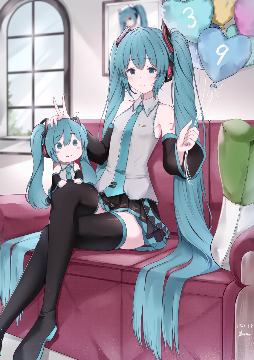 2girls 39 absurdres balloon blue_eyes blue_hair blue_necktie boots breasts chibi_miku couch day detached_sleeves door hatsune_miku highres holding holding_balloon long_hair looking_at_viewer microphone miku_day multiple_girls necktie okome_(okome_0627ha) on_couch picture_frame pillow sitting sleeveless spring_onion thigh_boots twintails very_long_hair vocaloid