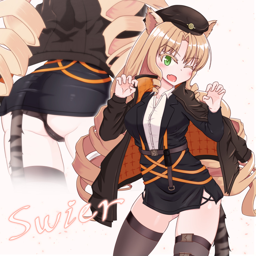 1girl animal_ears arknights black_headwear black_panties black_skirt black_thighhighs blonde_hair blush breasts curly_hair fang fseit4 green_eyes highres medium_breasts panties skin_fang skirt solo swire_(arknights) tail thighhighs tiger_ears tiger_girl tiger_tail underwear