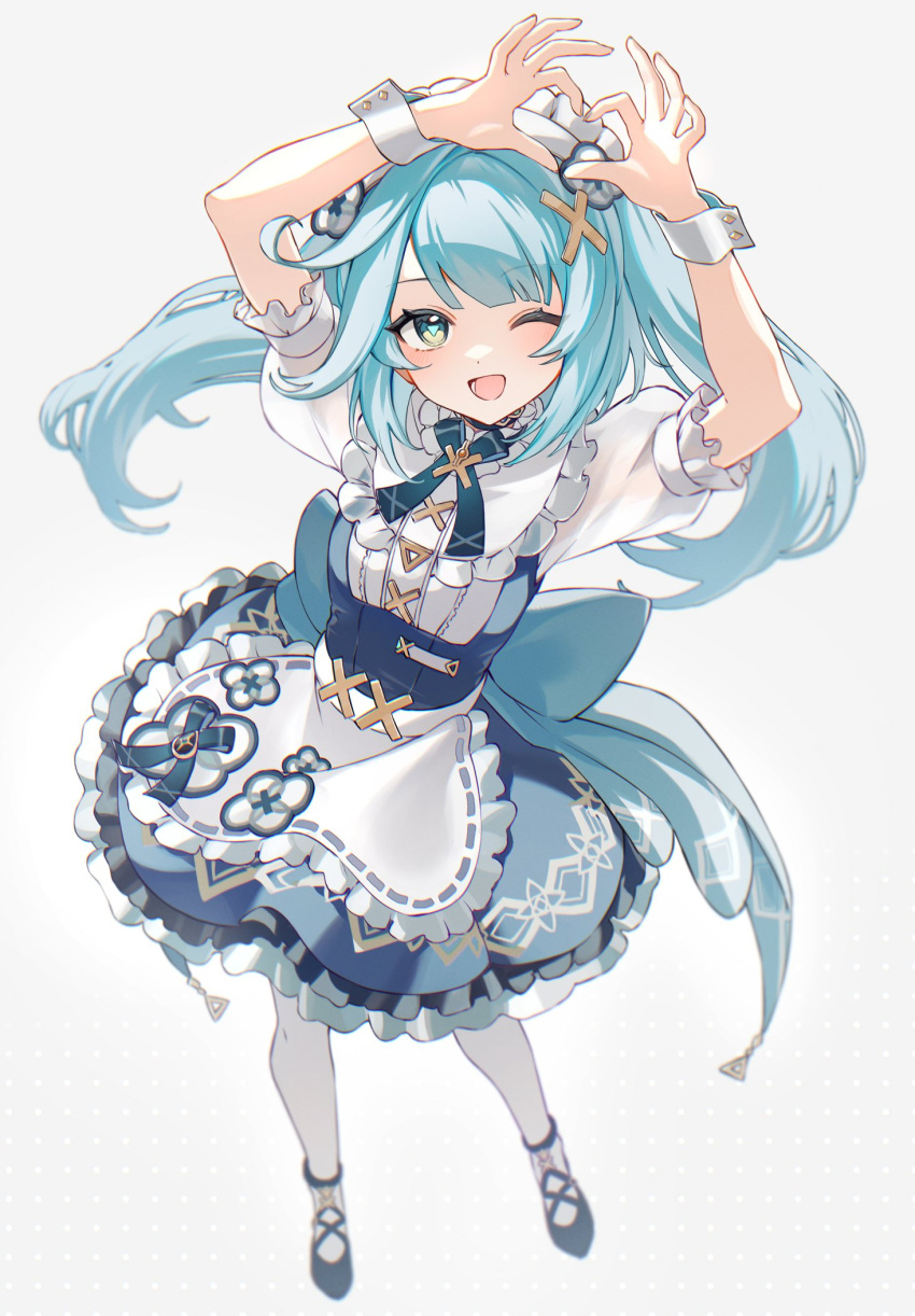 1girl apron arms_up blue_dress blue_hair commentary_request dress faruzan_(genshin_cafe)_(genshin_impact) faruzan_(genshin_impact) frilled_dress frills green_eyes grey_background hair_ornament heart heart_hands highres long_hair maid_headdress mochimiya_(coyo) official_alternate_costume one_eye_closed open_mouth pantyhose puffy_short_sleeves puffy_sleeves shoes short_sleeves simple_background solo triangle-shaped_pupils white_pantyhose wrist_cuffs x_hair_ornament