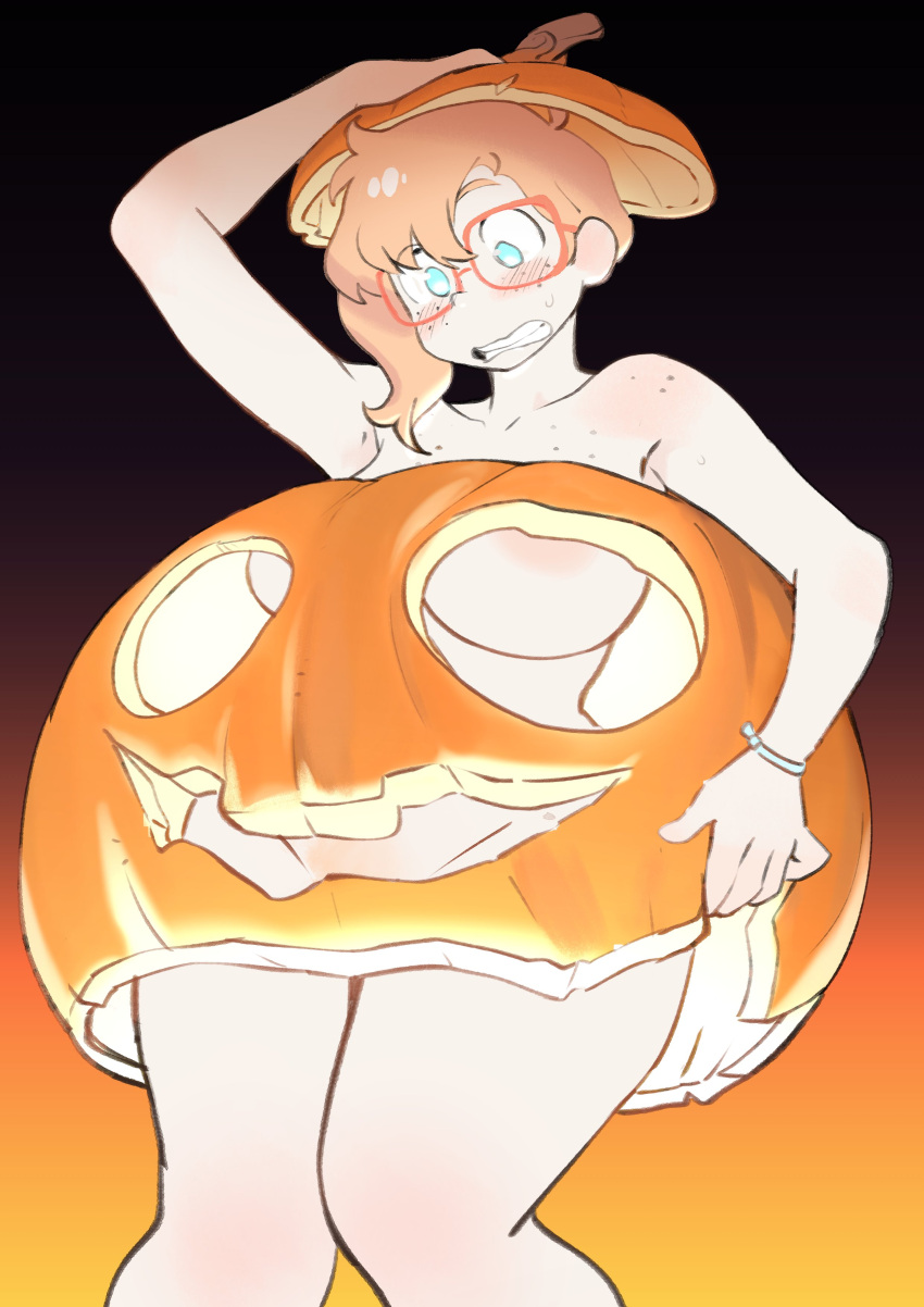 1girl absurdres areola_slip blue_eyes blush breasts colo_(nagrolaz) completely_nude female_pubic_hair freckles glasses highres jack-o'-lantern large_breasts naked_pumpkin nude orange_hair pubic_hair pumpkin_costume pumpkin_hat red-framed_eyewear red_hair rita_(sweethex) short_hair solo sweethex teeth wide_hips