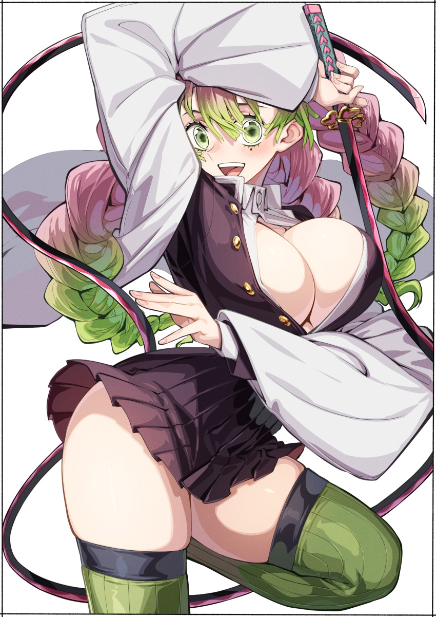 1girl absurdres black_jacket blush braid breasts buttons cleavage collared_shirt demon_slayer_uniform gradient_hair green_eyes green_thighhighs hair_between_eyes hands_up haori highres jacket japanese_clothes kanroji_mitsuri kei_(soundcross) kimetsu_no_yaiba large_breasts long_hair long_sleeves looking_at_viewer mole mole_under_eye multicolored_hair off_shoulder open_clothes open_jacket open_mouth open_shirt pink_hair shirt smile solo sword thighhighs thighs twin_braids upper_body weapon white_shirt