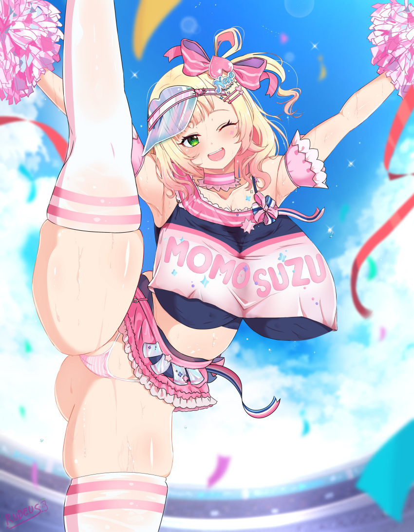 1girl absurdres arm_garter armpits arms_up blonde_hair blush breasts cheerleader choker clothes_writing covered_nipples crop_top frilled_choker frilled_skirt frills gradient_hair green_eyes hair_ornament highres hololive huge_breasts leg_up long_hair looking_at_viewer midriff momosuzu_nene momosuzu_nene_(4th_costume) multicolored_hair official_alternate_costume one_eye_closed open_mouth panties pink_choker pink_hair pink_headwear pom_pom_(cheerleading) rudeus_(steban_sharnak) sideways_hat skirt smile solo split standing standing_on_one_leg standing_split striped striped_panties striped_thighhighs sweat tank_top thighhighs underwear virtual_youtuber visor_cap white_tank_top