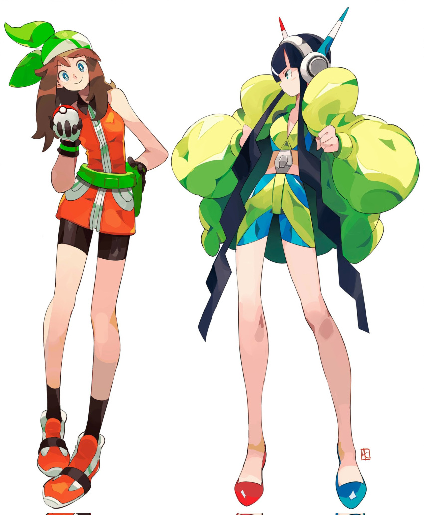 2girls andrewcockroach bandana black_hair brown_hair clenched_hand corrupted_twitter_file elesa_(pokemon) flats full_body green_bandana highres holding holding_poke_ball legs long_legs looking_at_viewer may_(pokemon) multiple_girls poke_ball poke_ball_(basic) pokemon pokemon_bw2 pokemon_emerald pokemon_rse short_hair_with_long_locks simple_background smile white_background