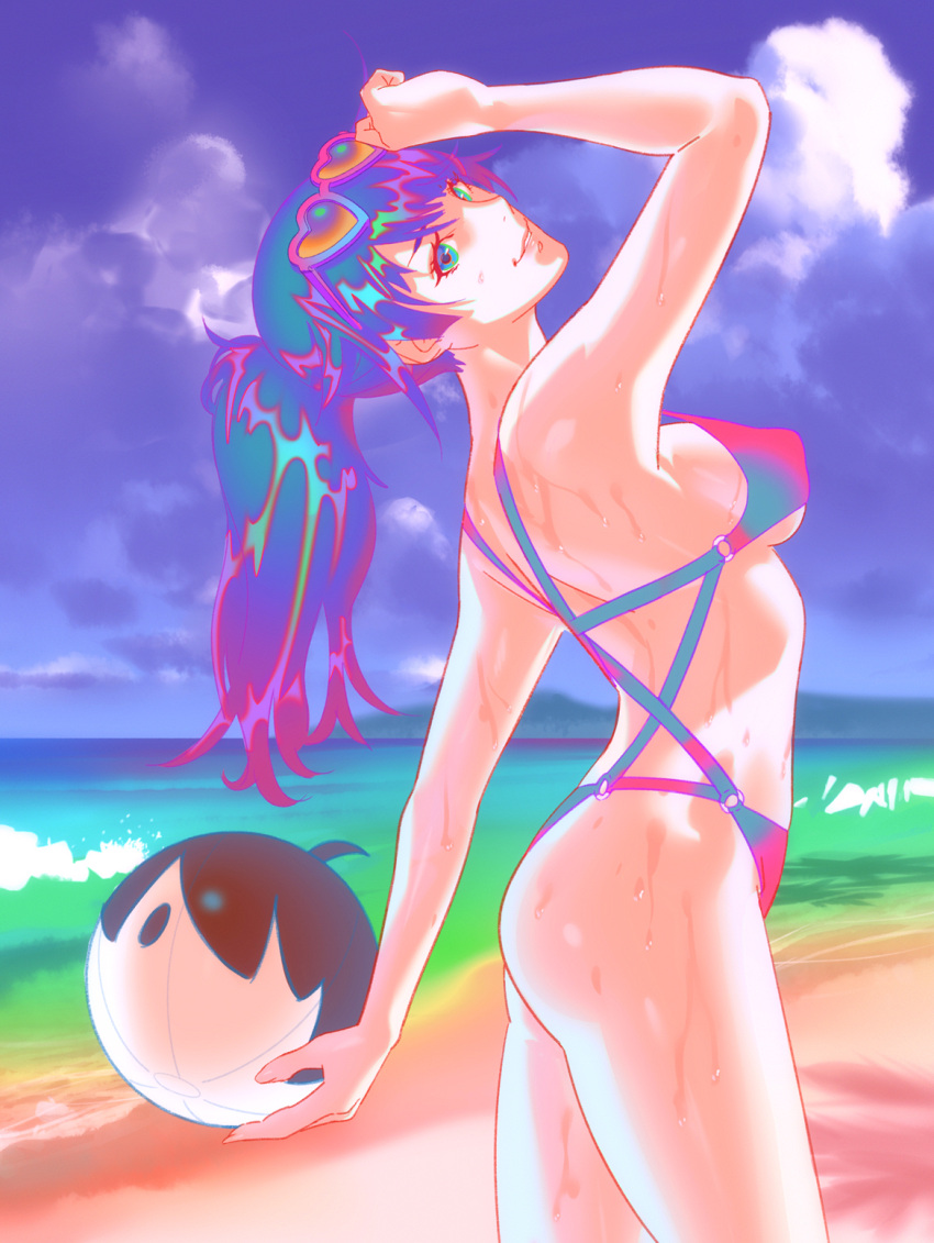 1girl aqua_bikini aqua_eyes aqua_hair araragi_koyomi arched_back arm_up ass bakemonogatari ball beach beachball bikini blue_background blue_sky breasts character_print cloud cloudy_sky eyewear_on_head feet_out_of_frame gradient_background head_tilt highres large_breasts leaning_back long_hair monogatari_(series) multicolored_bikini multicolored_clothes multicolored_hair outdoors pink_background pink_bikini ponytail purple_hair rapa_rachi revision senjougahara_hitagi shadow shiny_skin sky solo sunglasses swimsuit thighs wet