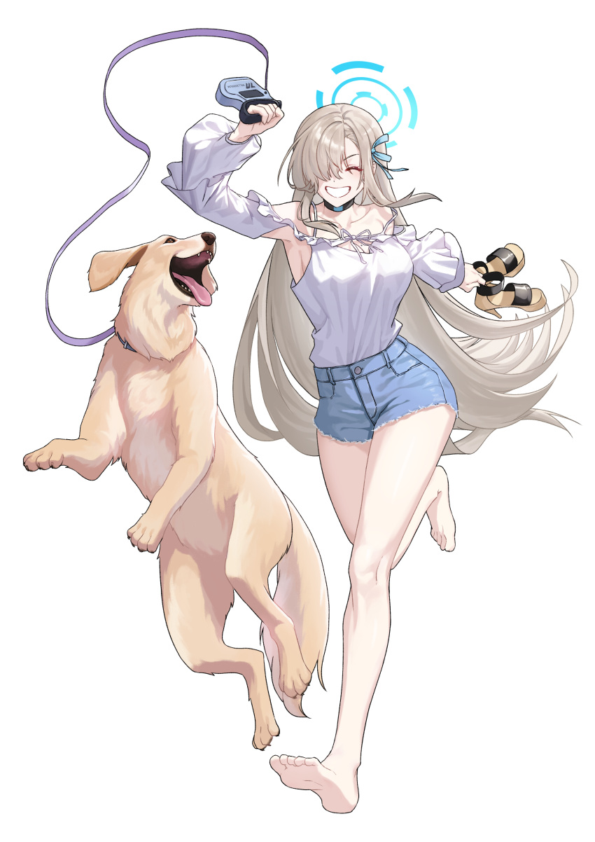 1girl ^_^ absurdres alfie_(artist) armpits asuna_(blue_archive) asymmetrical_bangs bare_legs barefoot black_choker blue_archive blush breasts choker cleavage closed_eyes collarbone cutoffs denim denim_shorts dog golden_retriever grin hair_over_one_eye halo highres holding holding_leash holding_sandals large_breasts leash light_brown_hair long_bangs mole mole_on_breast off-shoulder_shirt off_shoulder one_eye_covered running shirt shorts simple_background smile soles straight_hair transparent_background white_shirt