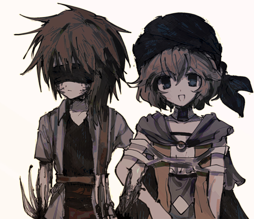 2others androgynous atoymk black_blindfold black_headwear black_shirt blindfold blue_eyes brown_hair closed_mouth grey_shirt hair_between_eyes highres jacket kurohebi kuzu_suzumi len'en locked_arms medium_hair multiple_others open_clothes open_jacket open_mouth open_vest orange_vest other_focus shirt short_sleeves simple_background smile turban vest white_background