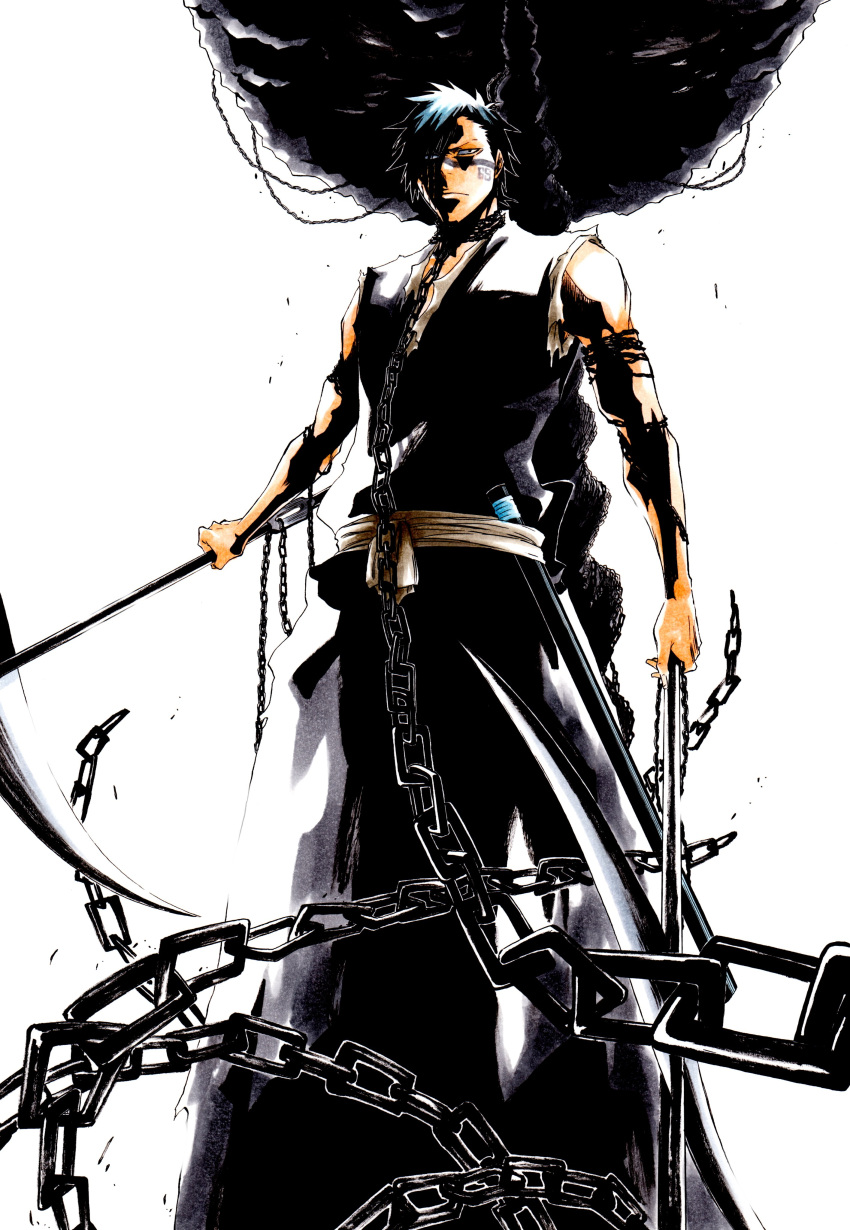 1boy absurdres bankai black_eyes black_hair bleach chain chained dual_wielding facial_mark facial_tattoo highres hisagi_shuuhei holding holding_weapon ken'ichi_(ken1ro_u) kusarigama male_focus scabbard shaded_face sheath shihakusho sickle sleeveless solo tattoo weapon white_background