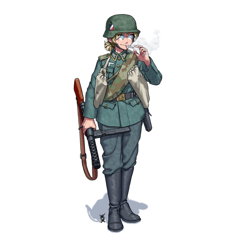 1girl absurdres ammunition_pouch blonde_hair blue_eyes boots cigarette collar_tabs combat_helmet full_body german_army germany gun gun_sling helmet highres holding holding_gun holding_weapon kriegsmarine long_sleeves medium_hair military military_uniform mp28 original ostwindprojekt pants pouch simple_background smoke smoking soldier solo stahlhelm standing submachine_gun uniform weapon white_background world_war_ii