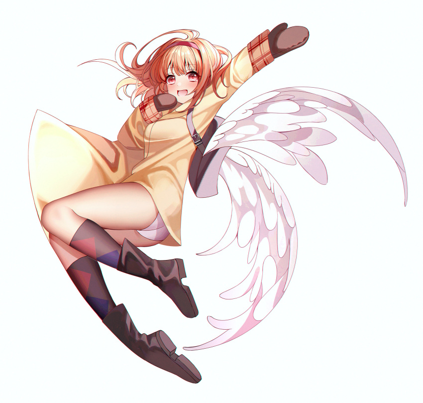 1girl :d angel angel_wings backpack bag black_bag blush boots brown_footwear brown_hair brown_mittens chinese_commentary coat commentary eyes_visible_through_hair floating_clothes floating_hair full_body hair_between_eyes hairband hand_up happy highres kanon kneehighs knees_together_feet_apart long_sleeves looking_at_viewer medium_hair midair mittens open_mouth outstretched_arm panties pantyshot red_eyes red_hairband simple_background smile socks solo thighs tsukimiya_ayu underwear white_background white_panties white_wings wings woodsbench yellow_coat