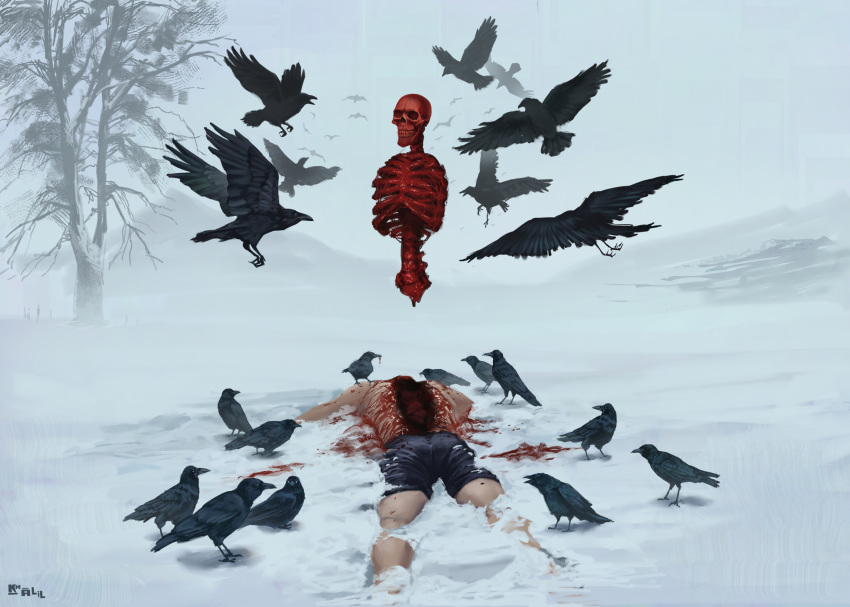 animal artist_name bird blood corpse crow flying full_body highres original outdoors shorts simple_bird skeleton sky snow surreal too_many too_many_birds topless tree user_jmfx5275