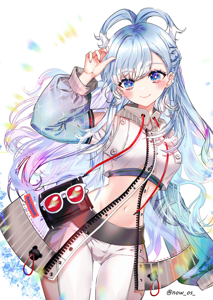 1girl absurdres arm_up blue_eyes blue_hair blush crop_top detached_sleeves earrings highres hololive hololive_indonesia jacket jewelry kobo_kanaeru kobo_kanaeru_(1st_costume) long_hair looking_at_viewer midriff multicolored_hair navel pants see-through see-through_jacket shiny_clothes smile solo sowon standing sunglasses thigh_gap twitter_username white_background white_hair white_pants