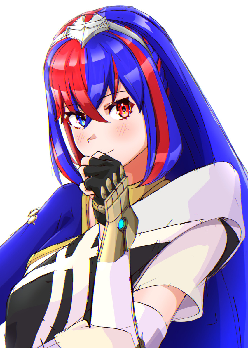 1girl absurdres alear_(female)_(fire_emblem) alear_(fire_emblem) blue_eyes blue_hair blush closed_mouth crossed_bangs fingerless_gloves fire_emblem fire_emblem_engage gloves heterochromia highres long_hair looking_at_viewer multicolored_hair red_eyes red_hair solo split-color_hair tiara to_(tototo_tk) white_background