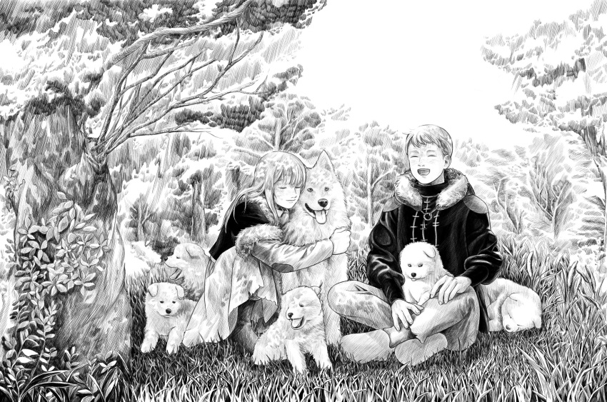 1boy 1girl ^_^ aged_down animal animal_hug animal_on_lap boots brother_and_sister child closed_eyes dancing_singer day dog dress dungeon_meshi falin_thorden female_child fur-trimmed_vest grass greyscale highres indian_style jacket laios_thorden laughing light_smile long_hair male_child monochrome nature o-ring on_ground on_lap open_mouth outdoors pack_of_dogs pants shoe_soles shoes short_hair siblings sitting sky sleeping squatting tongue tongue_out traditional_media tree vest winter_clothes yawning