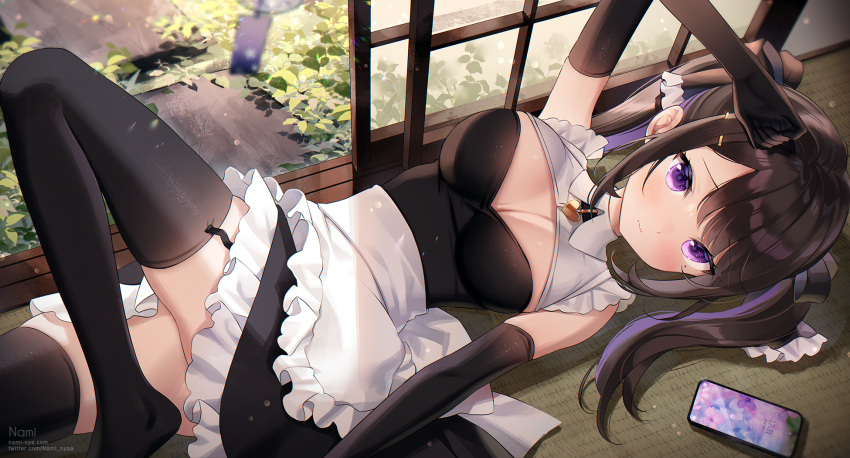 1girl 3: apron arm_up bare_shoulders black_dress black_gloves black_hair black_thighhighs breasts cellphone cleavage closed_mouth commission detached_collar dress elbow_gloves frilled_apron frilled_dress frills frown garter_straps gloves hair_ornament hairclip highres knee_up large_breasts long_hair looking_at_viewer lying miyu_(kaetzchen) mole mole_under_eye multicolored_hair nami_(nyaa) on_back original phone purple_eyes sleeveless sleeveless_dress smartphone solo streaked_hair thighhighs twintails waist_apron wing_collar